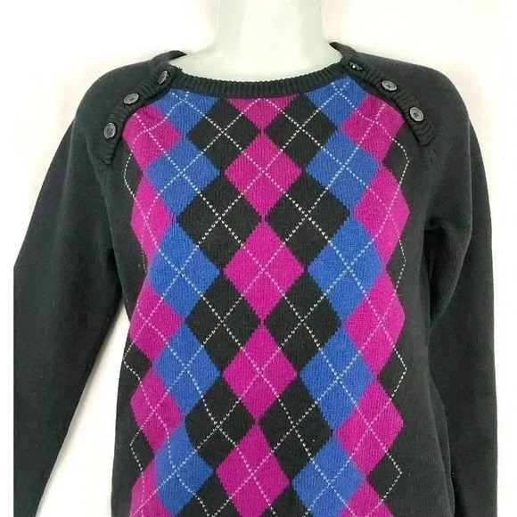 VTG Tommy Hilfiger Knitted Argyle Crewneck Sweater MEDIUM Side Button 90's Y2K - Picture 9 of 13